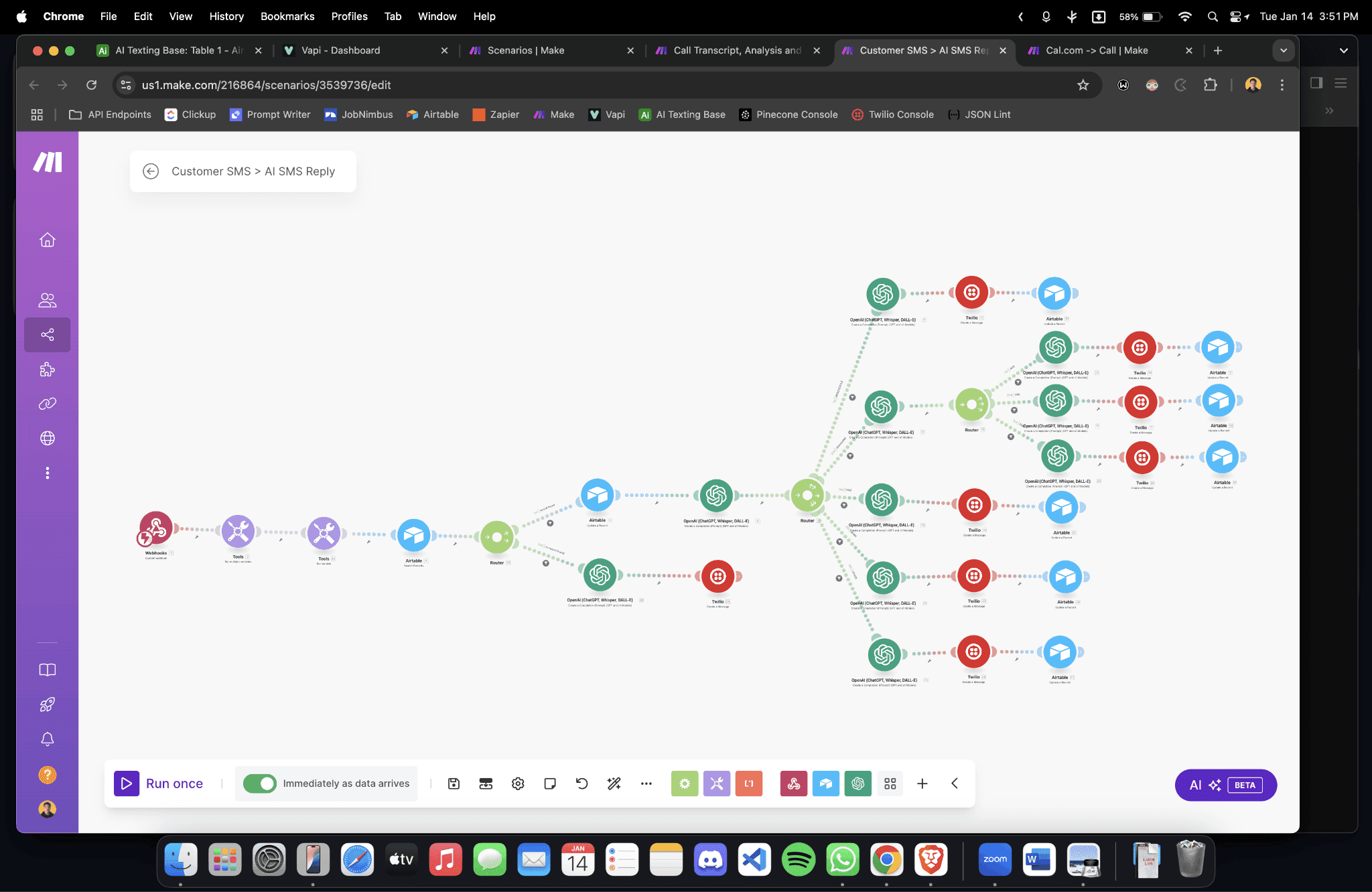 Make.com — AI SMS reply scenario with router branches
