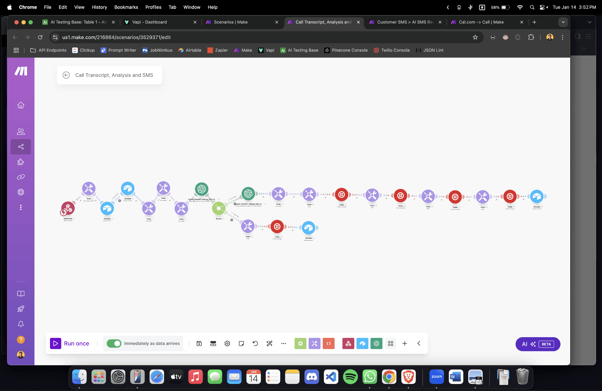 Make.com — call transcript analysis and follow-up SMS