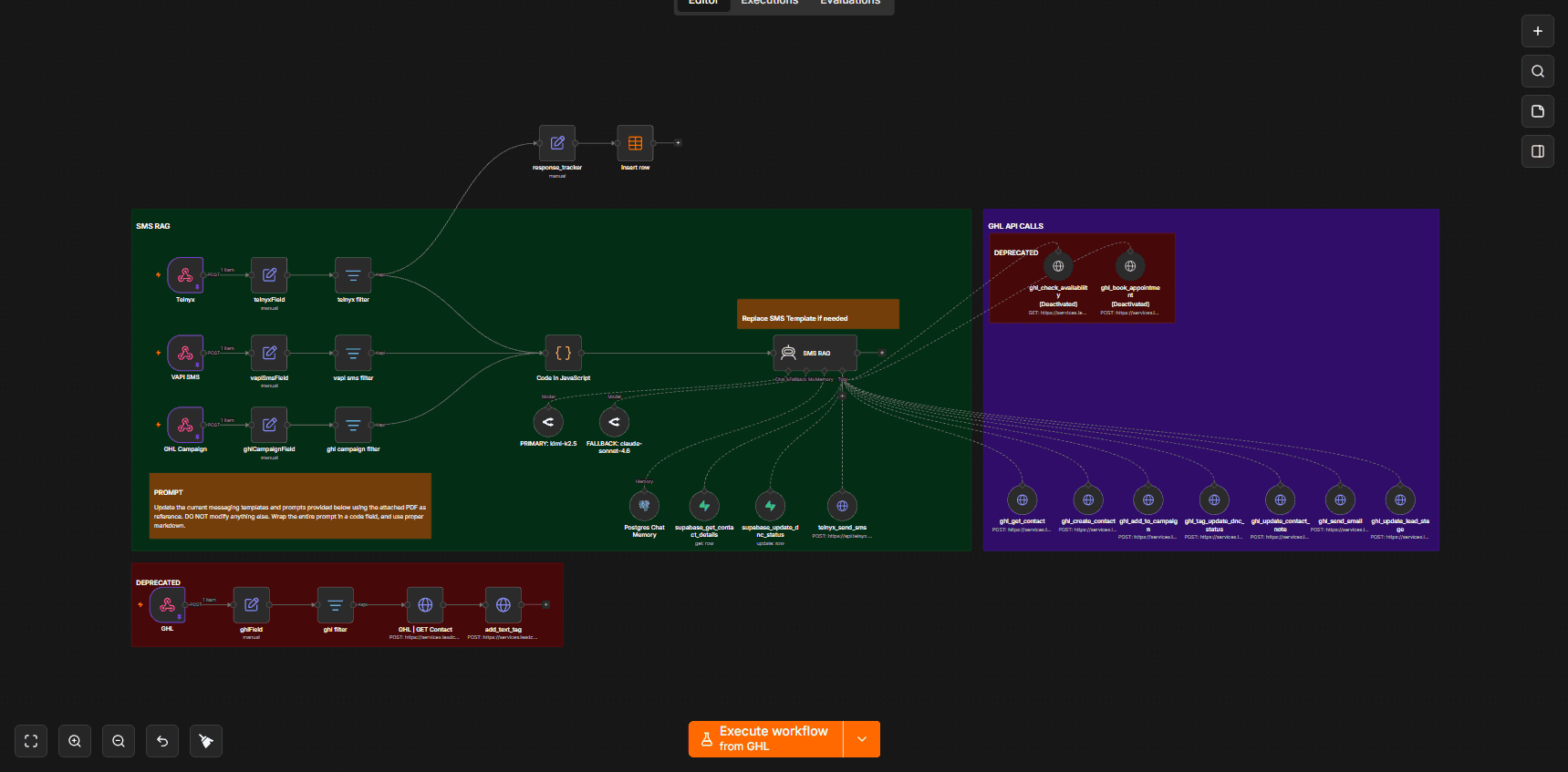 n8n — multi-channel SMS RAG agent with model fallback, Supabase tools, and GHL API calls