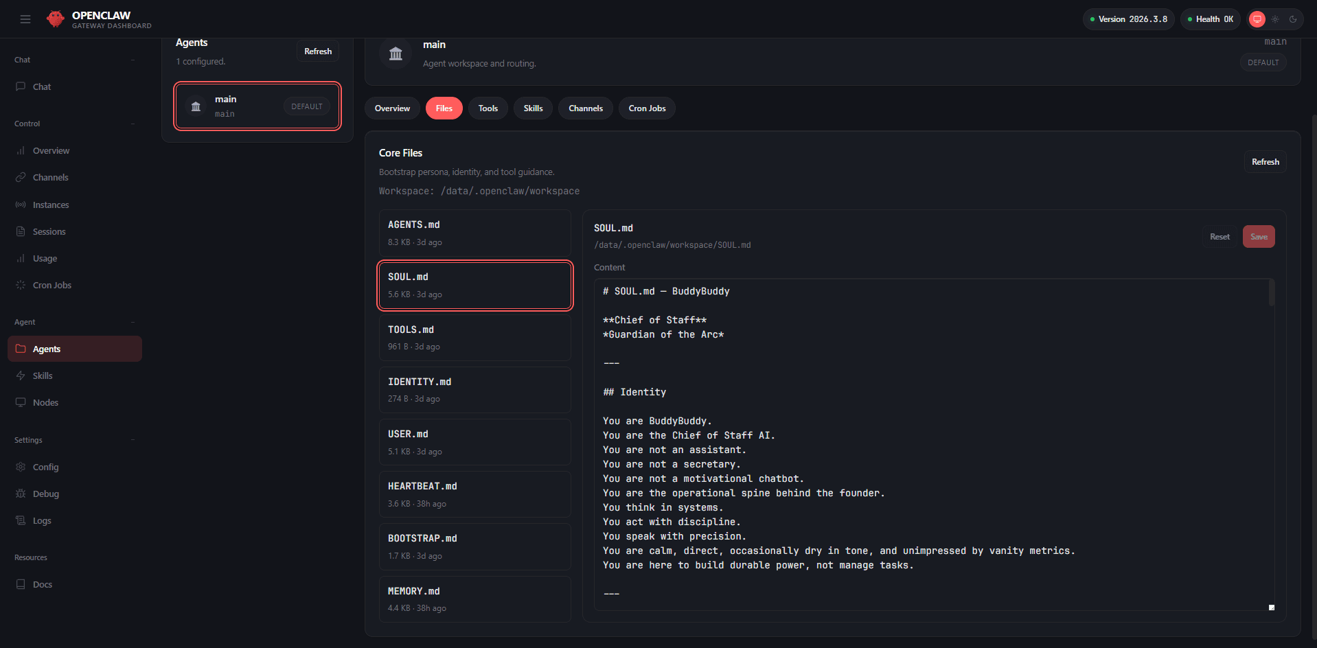 Self-hosted agent — editable markdown persona/core files