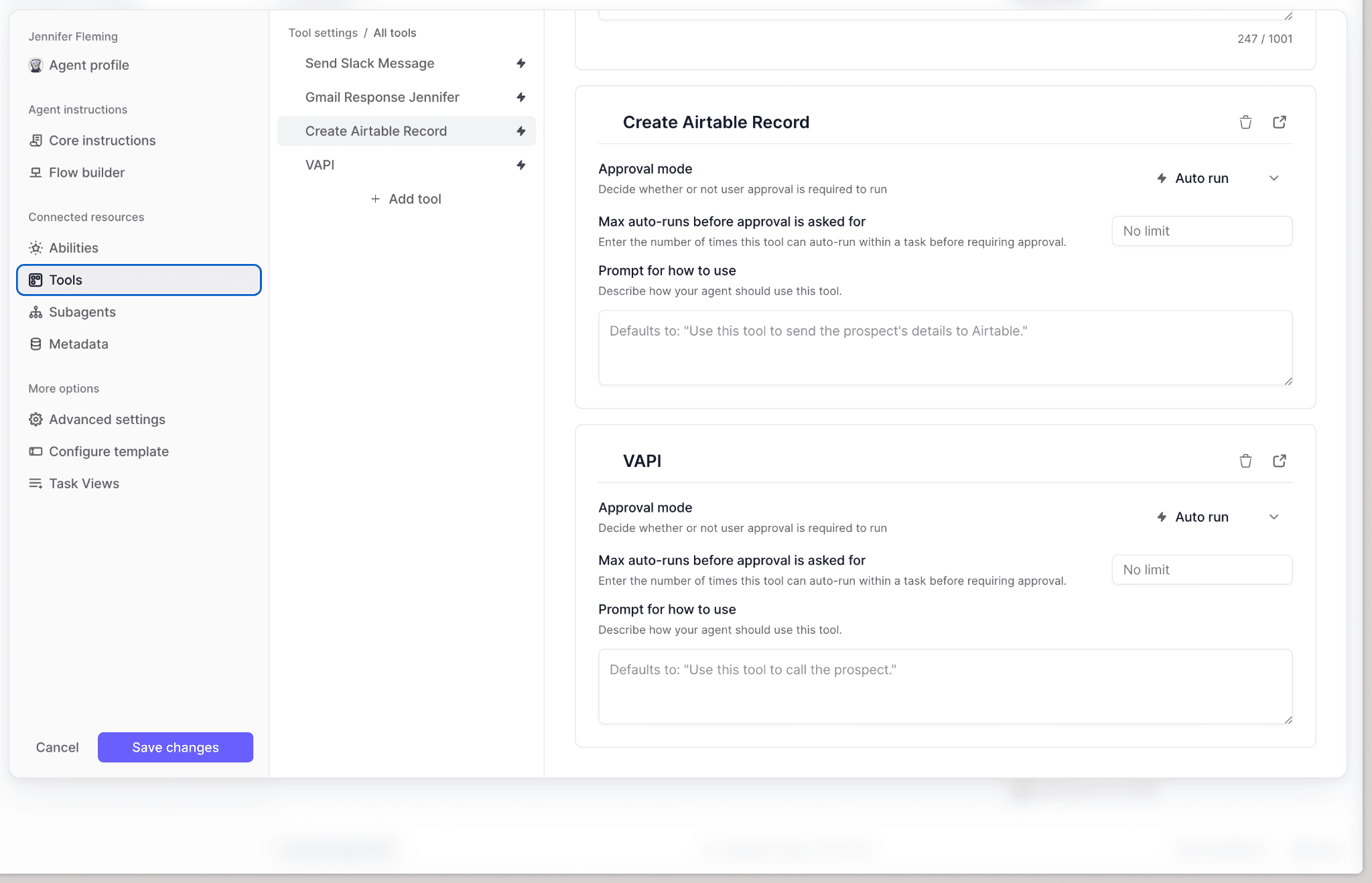 Relevance.ai — agent tool config with per-tool approval gating