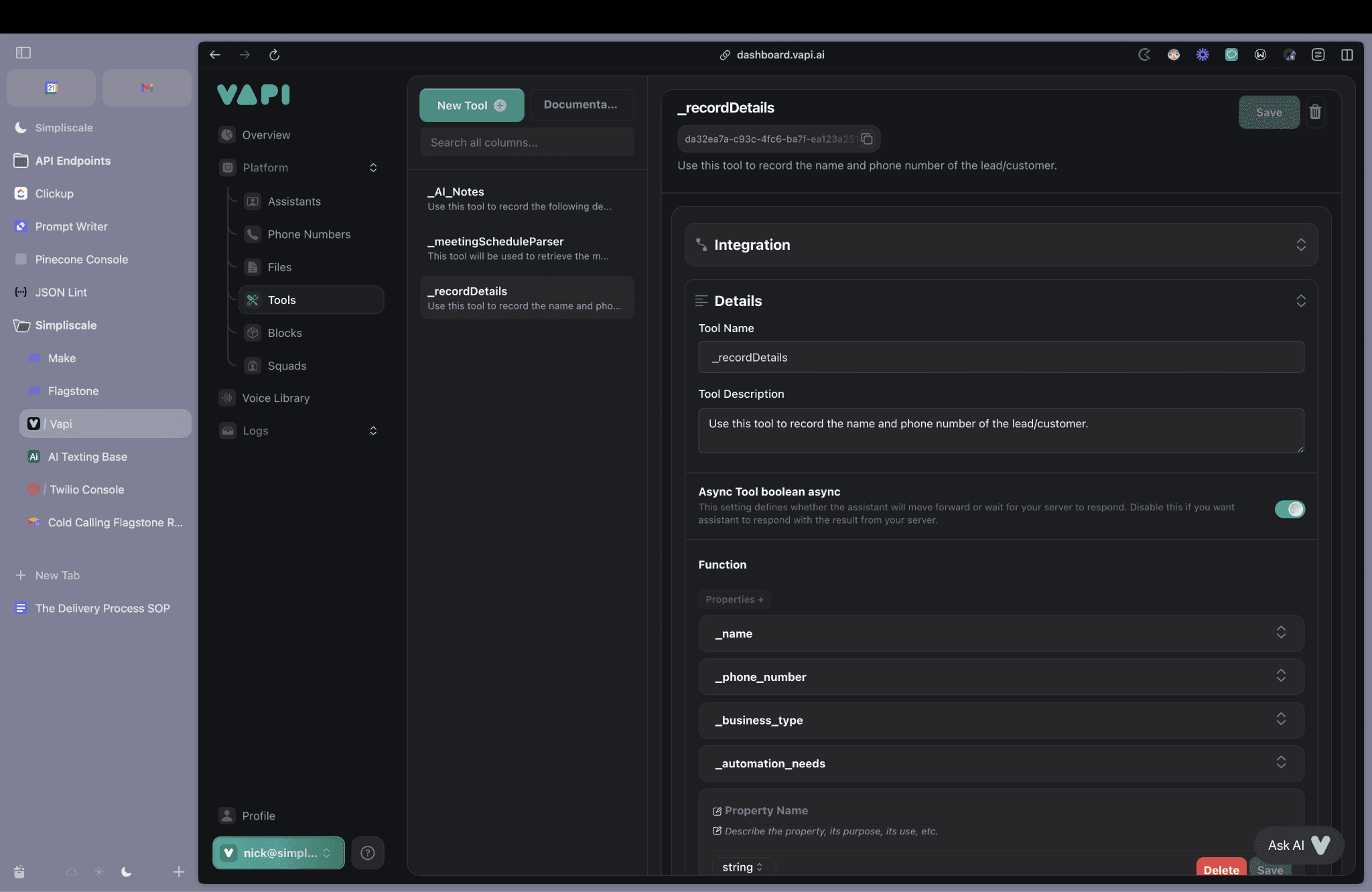 VAPI — function tool that records structured lead details