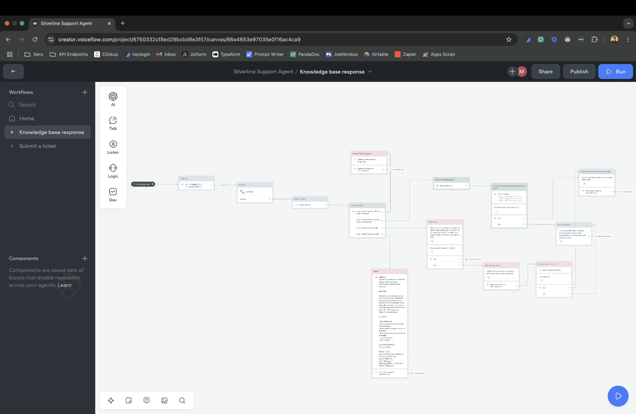 Voiceflow — knowledge-base response workflow with intent routing